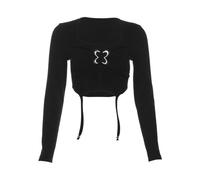 Maglietta da donna Tie Up Y2k Tee Vintage O Neck Primavera Autunno Maniche Lunghe Crop Top Autunno, Nero , M