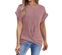 Maglietta da donna tinta unita, maniche a pipistrello e orlo incrociato, stile aderente alla moda, versatile top estivo per uscite casual, rosa, L