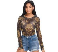 Maglietta da donna trasparente, di lusso oro rosa farfalla linea arte nera, maglia O collo trasparente top S, Lusso Oro Rosa Farfalla Line Art Nero, XL
