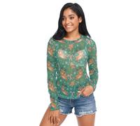 Maglietta da donna trasparente natalizia verde marrone renna caramella casual a maniche lunghe maglietta in rete XL, Natale Verde Marrone Renna Candy, M