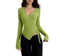 Maglietta da donna Y2k Lace Sheer Mesh Crop Top a maniche lunghe con scollo a V, elegante maglietta tinta unita Cross Wrap Camicetta Slim Fit Fata civetta T-shirt a maniche lunghe, P verde., L