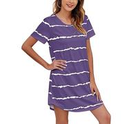 Maglietta da notte a maniche corte da donna con scollo a U Stampa a righe Come comoda camicia da notte dolce per un sonno riposante, Lilla, XL