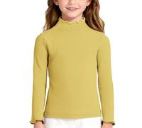 Maglietta da ragazza con bordo a lattuga e collo a lupetto, maniche lunghe, slim fit, leggera, in maglia (giallo, 7-8 anni)