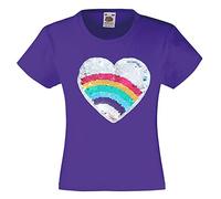 Maglietta da ragazza con patch di paillettes multicolore a forma di cuore, Viola, 5-6 Anni