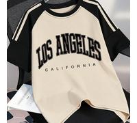 Maglietta da ragazza con stampa della lettera Los Angeles, design a blocchi di colore albicocca e nero con maniche a raglan, abbigliamento da ragazza alla moda, casual a maniche corte, adatto per la p
