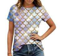Maglietta da sirena, da donna, con stampa a squame di pesce, girocollo, a maniche corte, con scollo a V, elegante, casual, oversize