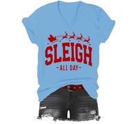 Maglietta da slitta per tutto il giorno, maglietta natalizia con scollo a V, per donne e uomini, blu cielo, M