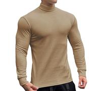 Maglietta da uomo a collo alto a costine da uomo a maglia a collo alto a maniche lunghe casual basic con collo a lupetto, cachi, XXL