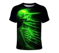Maglietta da uomo a maniche corte con scollo rotondo e design grafico di Halloween, per il tempo libero, maglietta a maniche corte con scheletro luminoso 3D, stampa a ossa e scollo rotondo, taglio