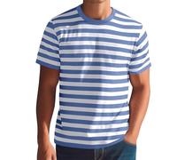 Maglietta da uomo a maniche corte con scollo rotondo, maglietta a righe, in cotone, a maniche corte, comoda, a maniche corte, casual, estiva, per il tempo libero, Celeste., XL