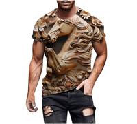 Maglietta da uomo a maniche corte con stampa animale 3D, maglietta estiva a maniche corte con motivo a cavallo, alla moda, casual, per sport al chiuso e all'aperto, vita quotidiana, Oro, 3XL