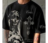 maglietta da uomo a maniche corte con stampa vintage di teschio religioso scuro e Vergine Maria, nero lavato con texture consumata, grafica gotica con croce e lettere, girocollo ampio L,M,S,XL,XXLHall