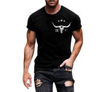 Maglietta da uomo a maniche corte da cowboy, casual, stile western, vintage, con stampa di toro e altri, per sport, fitness, casual, Nero, M