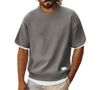 Maglietta da uomo a maniche corte girocollo a maniche corte da uomo estate nuovo due pezzi sciolto di grandi dimensioni ghiaccio sottile stile per l'estate, Grigio, XL