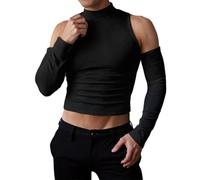 Maglietta da uomo a maniche lunghe con collo alto e spalle scoperte, sexy, in rete trasparente, rivelando la moda contemporanea, comoda camicia notturna da uomo, 01#_nero, M