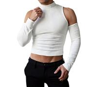 Maglietta da uomo a maniche lunghe con collo alto e spalle scoperte, sexy, in rete trasparente, rivelando la moda contemporanea, comoda camicia notturna da uomo, 02#_bianco, XL