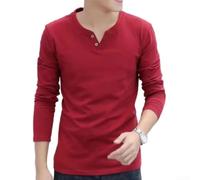 Maglietta da uomo a maniche lunghe con scollo a V, per vestibilità aderente, casual, basic, tinta unita, dettaglio con bottoni, strato di base per primavera, autunno, uso quotidiano, nero (L rosso)