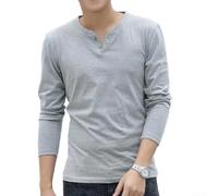 Maglietta da uomo a maniche lunghe con scollo a V, per vestibilità aderente, casual, basic, tinta unita, dettaglio con bottoni, strato di base per primavera, autunno, uso quotidiano, nero (L grigio)