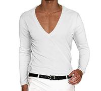 Maglietta da uomo a maniche lunghe con scollo a V profondo, a maniche lunghe, slim fit, stretch, slim fit, da uomo, con collo a V, per corsa, sport, bianco, L