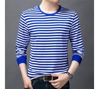 Maglietta da uomo a maniche lunghe, in cotone, a righe, girocollo, casual, per vacanze, feste, nostalgico, bianco, marinaio, blu, vestibilità regolare, M-2XL (M blu)