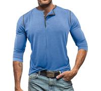 Maglietta da uomo a maniche lunghe, leggera, traspirante, basic, sportiva, a maniche lunghe, con abbottonatura, pretrattata, elasticizzata, per il tempo libero, per l'uso quotidiano, Azzurro, XXL