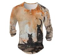 Maglietta da uomo a maniche lunghe, maglione da uomo con stampa di gatti, divertente, a maniche lunghe con bottoni, alla moda, casual, Henley, beige., S