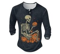 Maglietta da uomo a maniche lunghe, maglione da uomo con stampa scheletro, divertente a maniche lunghe con bottoni, alla moda, casual, con stampa a zucca, senza cappuccio, Nero , M