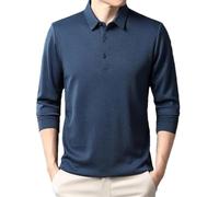 Maglietta da uomo a maniche lunghe, tinta unita, elastica, per il tempo libero, comoda, con colletto rovesciato, slim, Blu, 4XL