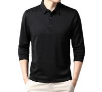 Maglietta da uomo a maniche lunghe, tinta unita, elastica, per il tempo libero, comoda, con colletto rovesciato, slim, Nero , 4XL