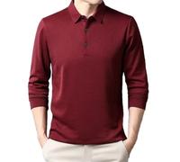 Maglietta da uomo a maniche lunghe, tinta unita, elastica, per il tempo libero, comoda, con colletto rovesciato, slim, Rosso, M