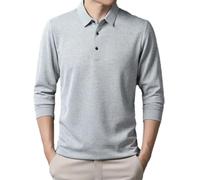 Maglietta da uomo a maniche lunghe, tinta unita, elastica, per il tempo libero, comoda, con colletto rovesciato, slim, Grigio chiaro, L