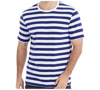 Maglietta da uomo a righe con scollo rotondo, vintage, da uomo con strisce sportive, a maniche corte, con blocco di colore, alla moda, casual, leggera, traspirante, per uomo, spiaggia, vacanze, Blu
