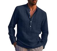 Maglietta da uomo, casual, alla moda, con colletto alla coreana, camicia a maniche lunghe, in cotone, con bottoni e bottoni, Marina Militare, M