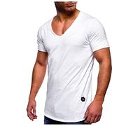 Maglietta da uomo casual estiva a tinta unita con scollo a V extra profondo, slim fit profondo, scollo a V, elasticizzata, in tinta unita, a maniche corte, bianco, XXL