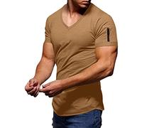 Maglietta da uomo casual estiva a tinta unita con scollo a V extra profondo, slim fit profondo, scollo a V, elasticizzata, in tinta unita, a maniche corte, X-2 kaki, L