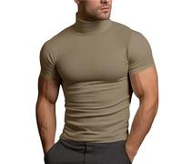 Maglietta da uomo con colletto alto, a maniche corte, a collo alto, da uomo, a maglia, slim fit, basic top, comoda maglietta estiva per attività all'aperto, a maniche corte, tinta unita, cachi, s