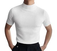 Maglietta da uomo con collo alto, a maglia, girocollo, a nido d'ape, a maniche corte, estiva, classica, basic, slim fit, mezza colletto, bianco, L