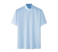Maglietta da uomo con collo alto, a maniche corte, in cotone, slim fit, per l'estate, a maniche corte, ad asciugatura rapida, girocollo, a maniche corte, tinta unita, elasticizzata, Blu, S