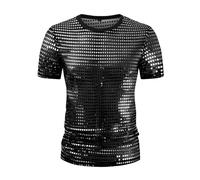 Maglietta da uomo con paillette, camicia da discoteca, metallizzata, per il tempo libero, da uomo, in argento dorato, con scollo rotondo, per il Carnevale, O nero., XL