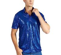 Maglietta da uomo con paillette, lucida, metallica, con motivo a tartaruga, a maniche corte, per club, bar, feste, palcoscenico, ballo, arcobaleno, patchwork, Blu marino, M