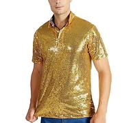 Maglietta da uomo con paillette, lucida, metallica, con motivo a tartaruga, a maniche corte, per club, bar, feste, palcoscenico, ballo, arcobaleno, patchwork, gold, M