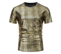 Maglietta da uomo con paillette, slim fit, girocollo, lucida, metallizzata, per feste, vintage, discoteca, anni '70, gold, XL
