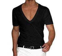 Maglietta da uomo con scollo a V, estiva, a maniche corte, 100% cotone, super elastica, traspirante, slim fit, sportiva, maglietta estiva alla moda elasticizzata, Nero , XL