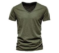 Maglietta da uomo con scollo a V, in cotone, 100% slim fit, super elastica, per il tempo libero, atletica, traspirante, in tinta unita, senza etichetta, verde militare, L