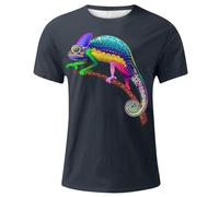 Maglietta da uomo con scollo rotondo, stampa camaleonte, a maniche corte, in cotone, casual, design alla moda, estiva, motivo artistico, colorato, vestibilità normale, per il tempo libero, Blu scuro