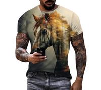 Maglietta da uomo con stampa animale, maglietta a maniche corte, leggera, alla moda, abbigliamento estivo da indossare tutti i giorni, Montagne Boschi e Cavalli Selvaggi, XL