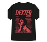 Maglietta da uomo con stampa frontale nera e rossa del ritratto di Dexter con motivo di testo, girocollo, manica corta, tessuto traspirante, stile sportivo per il tempo libero, 100% cotone, da indossa