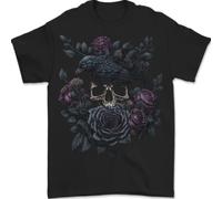 Maglietta Da Uomo Crow & Skull Con Fiori Gothic Goth Raven 100% Cotone