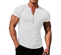 Maglietta da uomo elasticizzata a costine, stile Henley, estiva, slim fit, a maniche corte, scollo a V, comoda maglietta per il tempo libero, tinta unita, con bottoni, idea regalo per gli uomini
