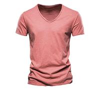 Maglietta da uomo elasticizzata, in tinta unita, da uomo, a tinta unita, con scollo a V extra profondo, slim fit, profondo scollo a V, elasticizzata, a maniche corte, casual, estiva, Colore: rosso, L